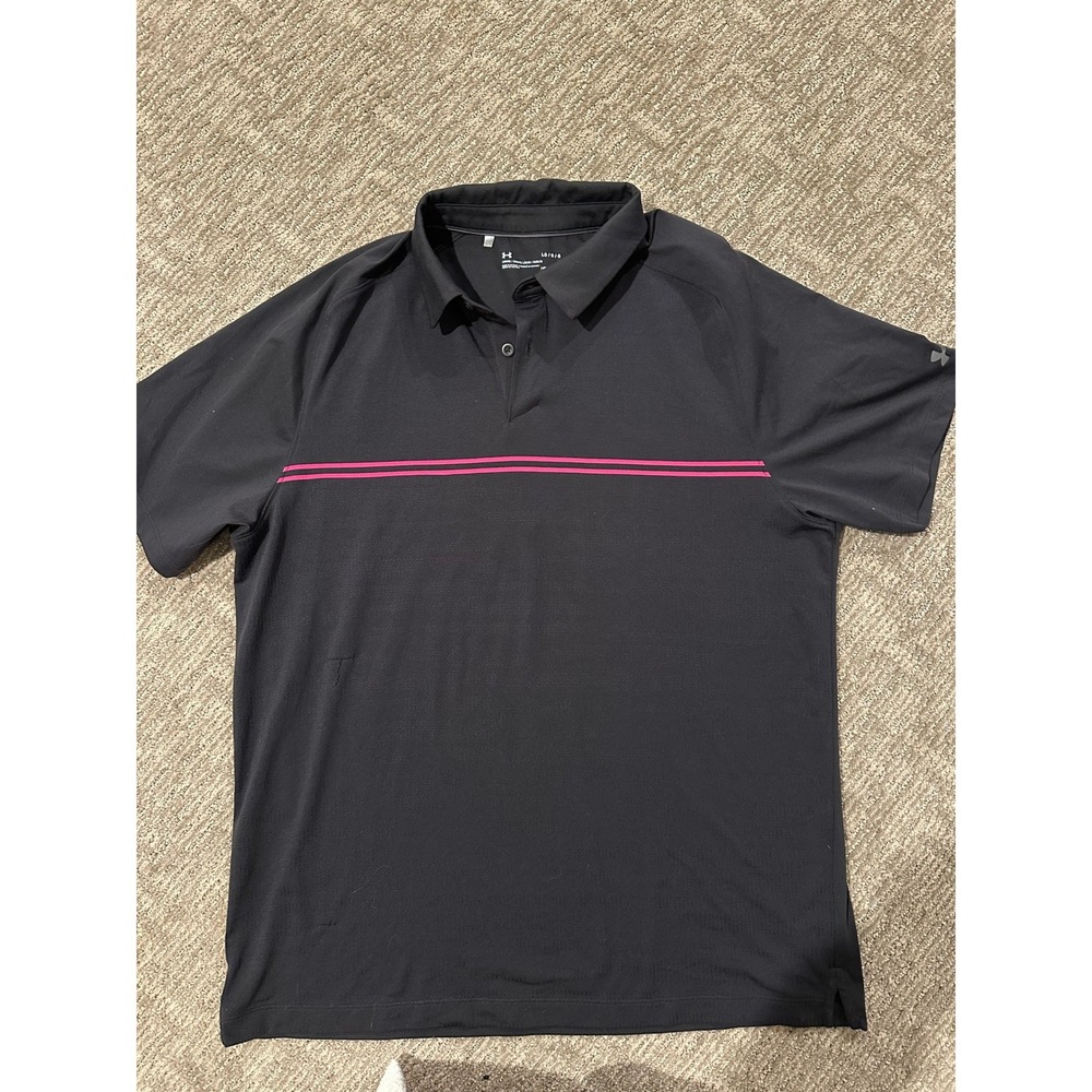Under Armour Mens HeatGear Golf Polo Shirt Black Pink Stripe Loose Fit Large